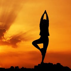 Silhouette of a person in a calm tree pose at sunrise